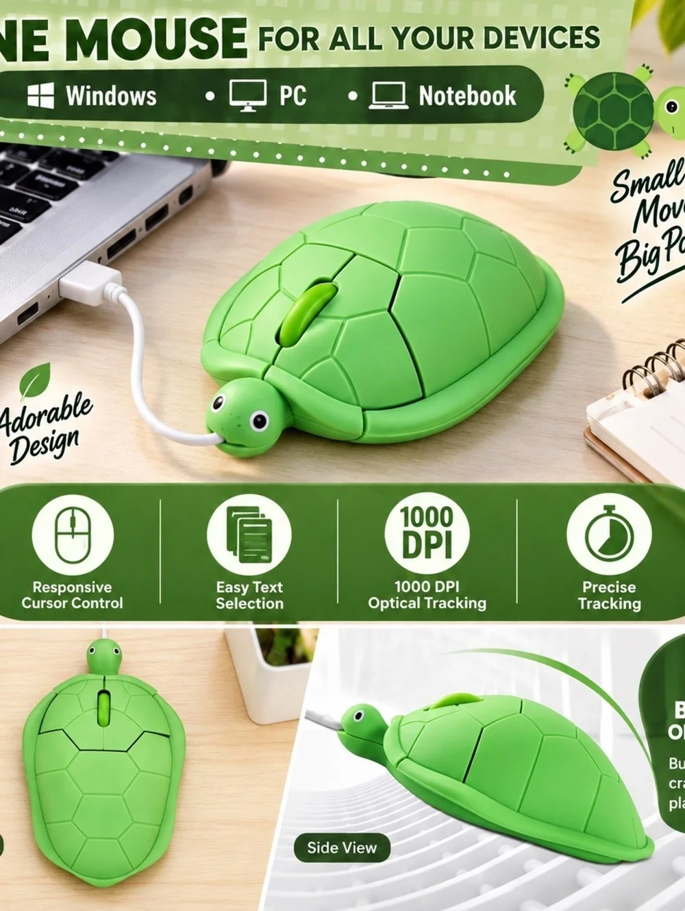 Cute Turtle Wired USB Optical Mouse with 3 Button Operation and 1000 DPI